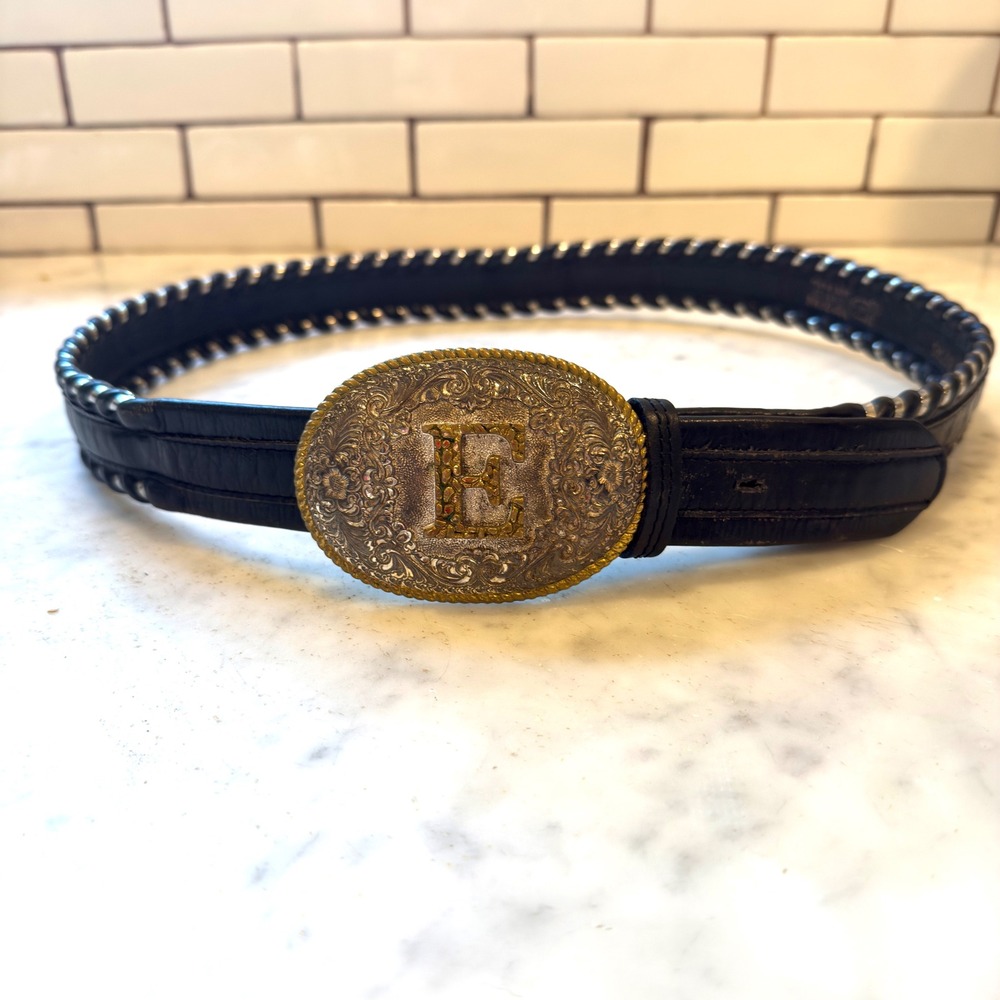 Vintage Leather Belt Women's Western Initial E Buckle Black Braided‎ 41 Inches